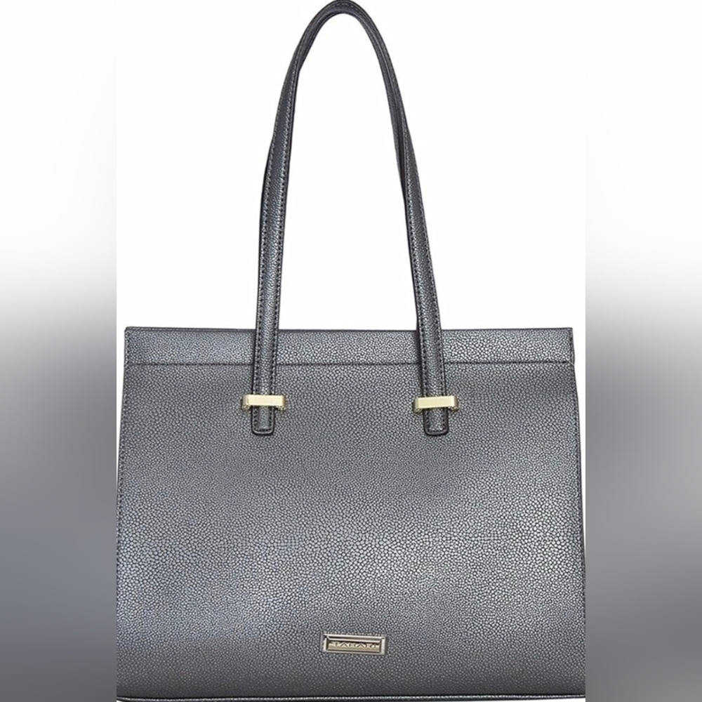 Tahari Black Pebbled Leather Tote with Gold Hardware